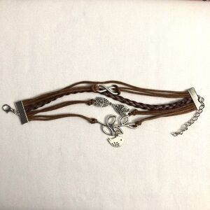 Brown Braided PU Leather Wrap Charm Bracelet